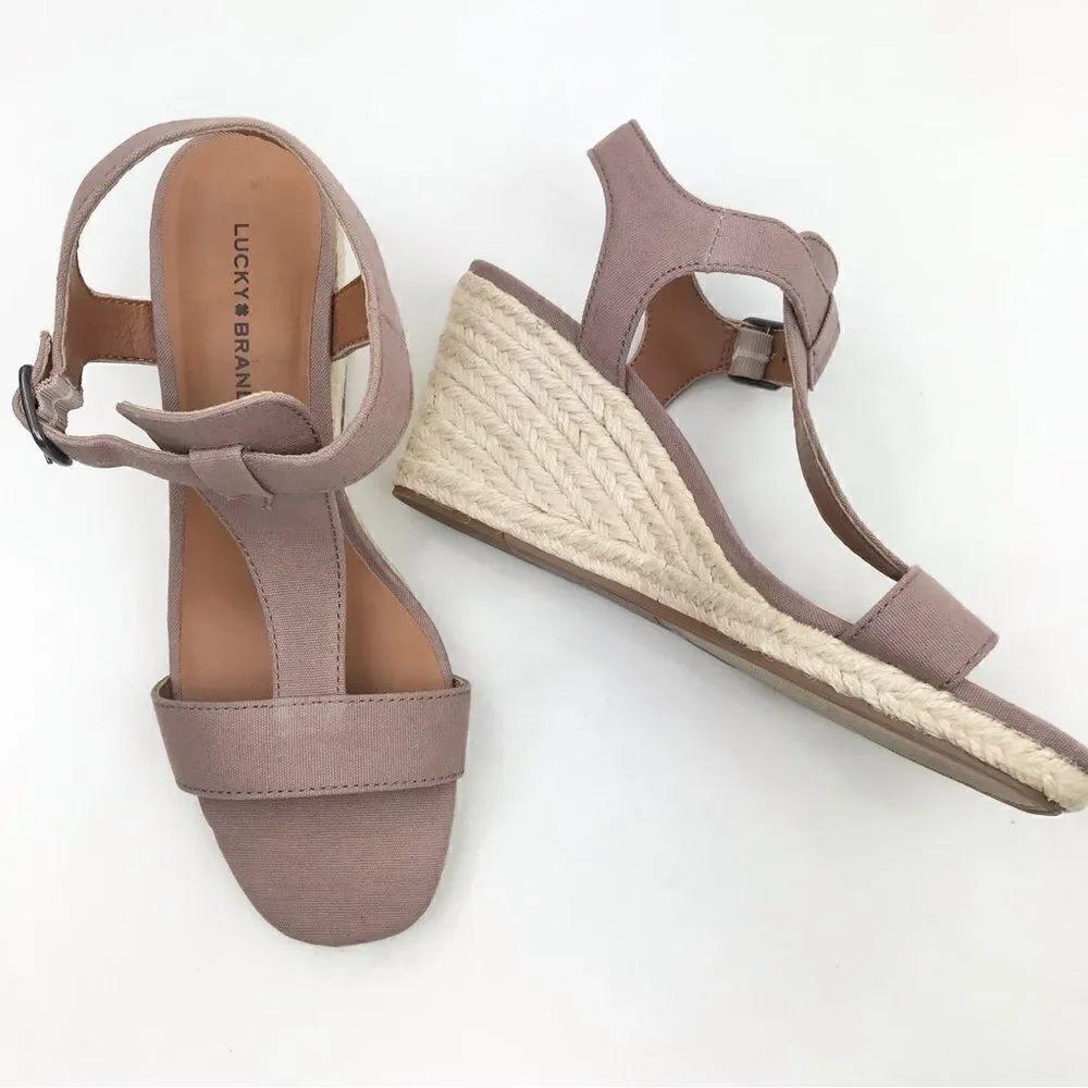 Lucky Brand Millinda Pink Espadrille T Strap Wedge Sandal in Antler Canvas